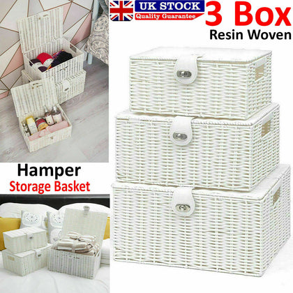 Set Of 3 Wicker Storage Baskets With Lid Lock Resin Woven Basket Gift Hamper Box