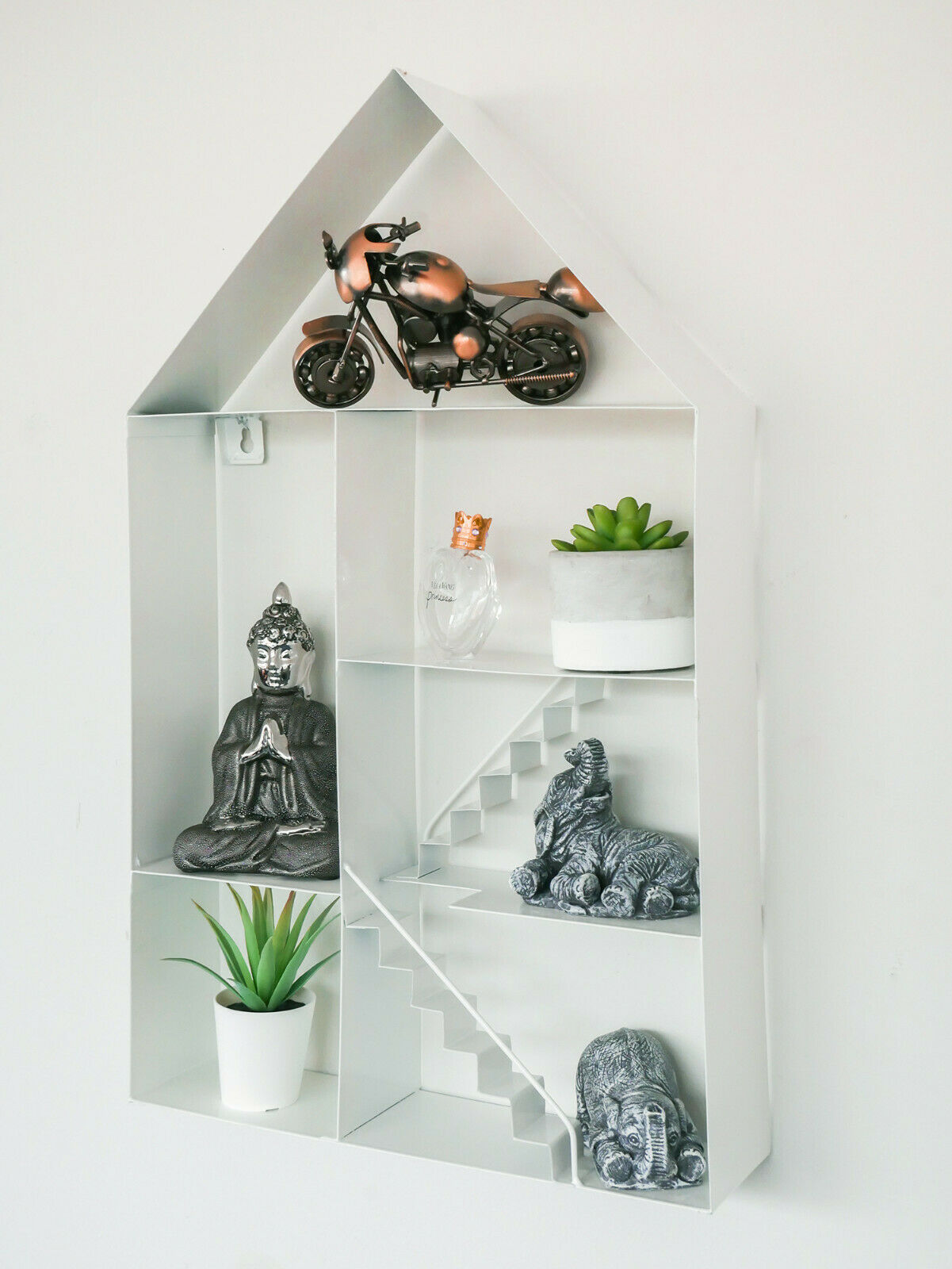 Large White Metal House Shaped Floating Wall Shelf Storage Display Unit Unique