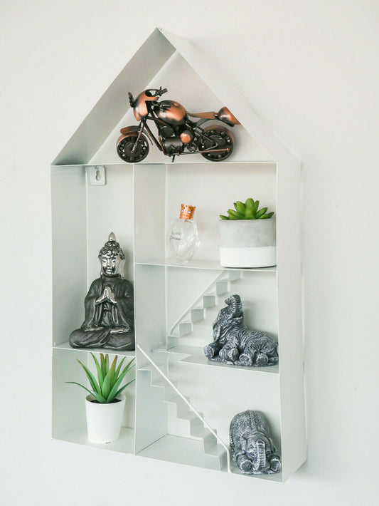 Large White Metal House Shaped Floating Wall Shelf Storage Display Unit Unique