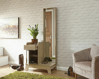 LUNA HALLWAY STORAGE MIRRORED CABINET OAK & GREY W/ DRAWER SHELF CUPBOARD