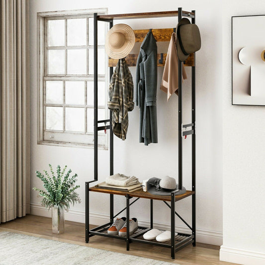 180cm Coat Rack Hat Tree Coat Stand Hallway Shoe Rack Bench with Shelves Hooks