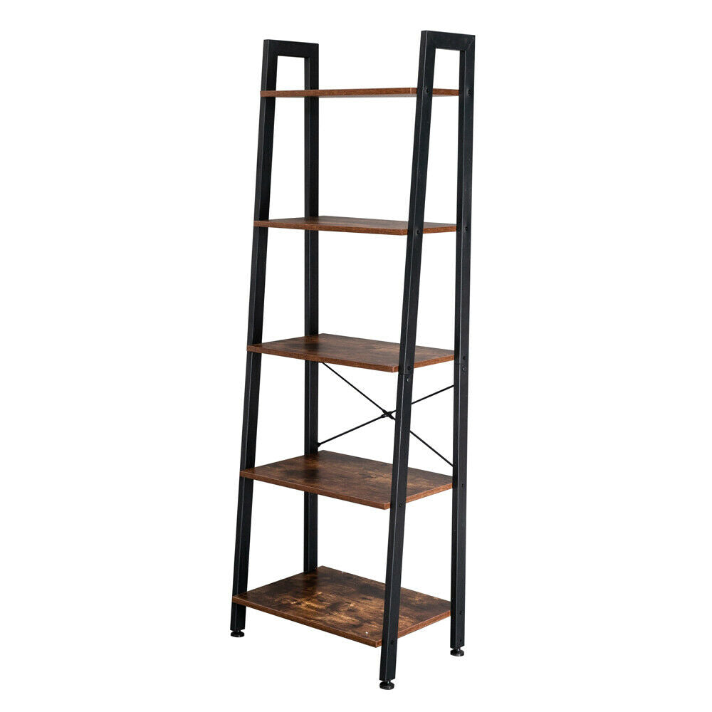 5-Tier Ladder Shelf Bookshelf Bookcase Plant Stand Book Storage Rack Metal Wood