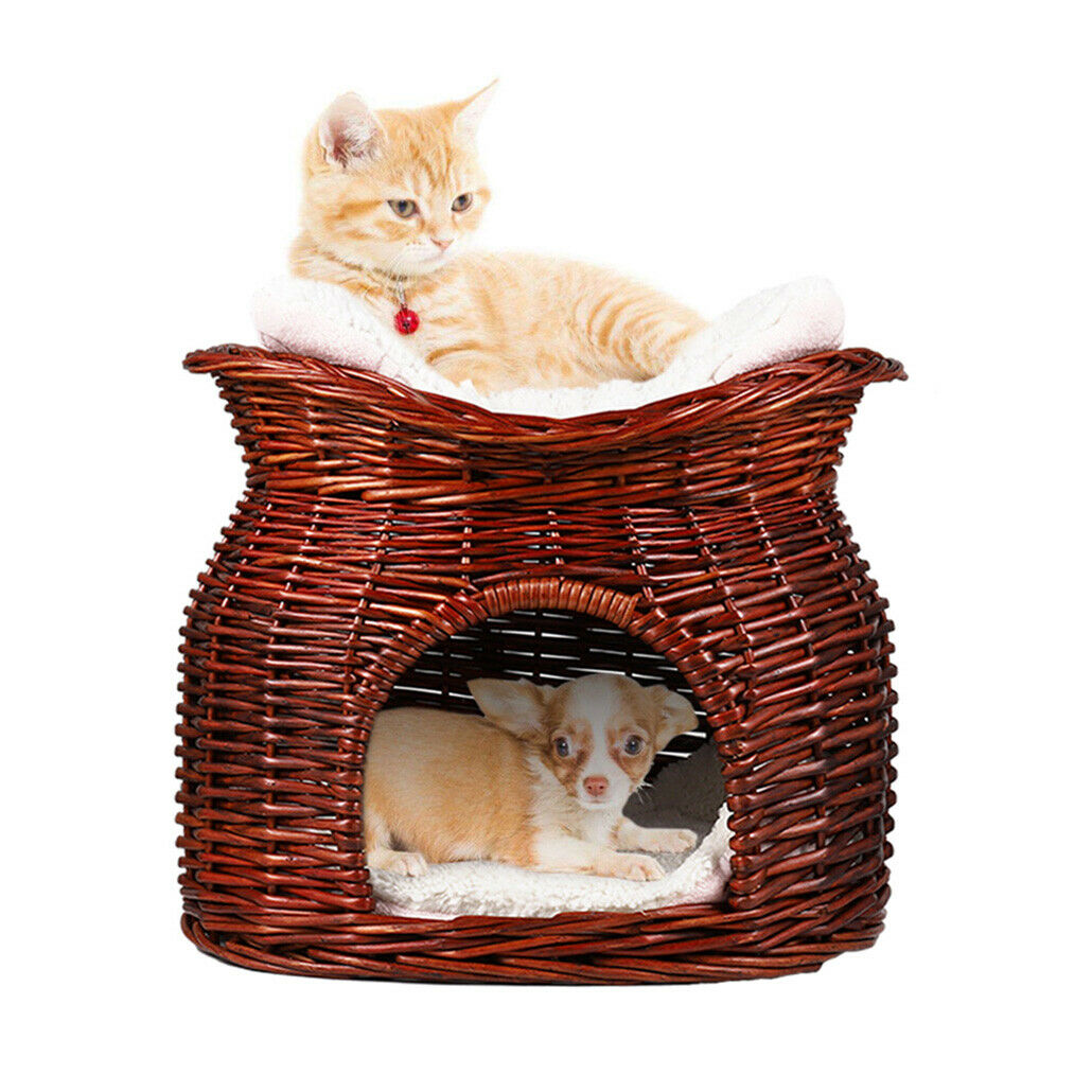 Losy Pet 2 Tier Woven Cat Kitten Bed Raised Twin Basket Wicker Cave Quildinc