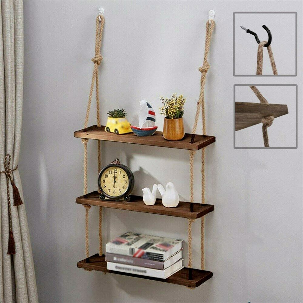 3 Tiers Rustic Wooden Wall Hanging Rope Shelf Mounted Floating Storage Unit Home
