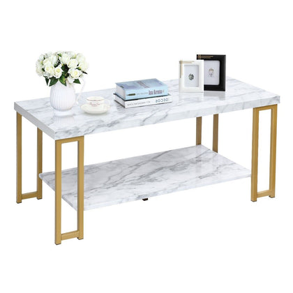 2-Tier Coffee Table Faux Marble Accent Rectangular Cocktail Table Tea Table