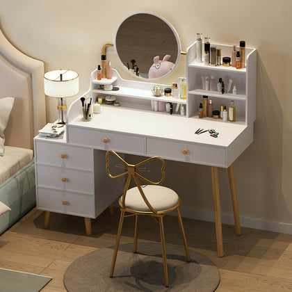 Modern Dressing Table Vanity Set Makeup Desk w/ Mirror & 5 Drawers 4 Shelves