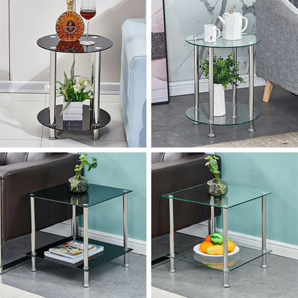 2 Tier Glass Side Table Sofa End Coffee Storage Shelf Living Room Round/Square