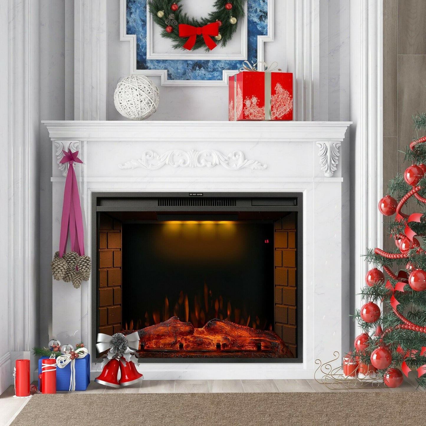 1.8KW Electric Fireplace 30'' Log Burning LED Flame Effect Standing Fan Heater