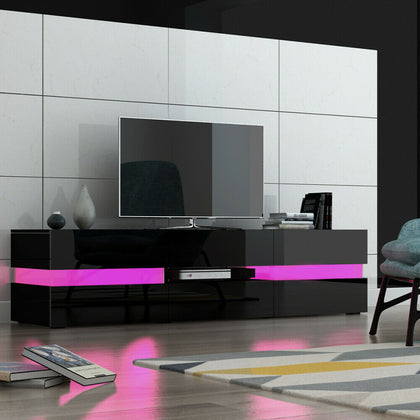Modern Black TV Unit Cabinet Stand High Gloss Doors Matt Body Sideboard RGB LED