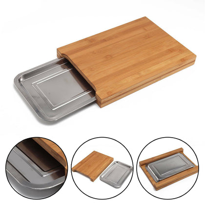 Bamboo Wooden Chopping Board with Stainless Steel Tray Cutting Dicing