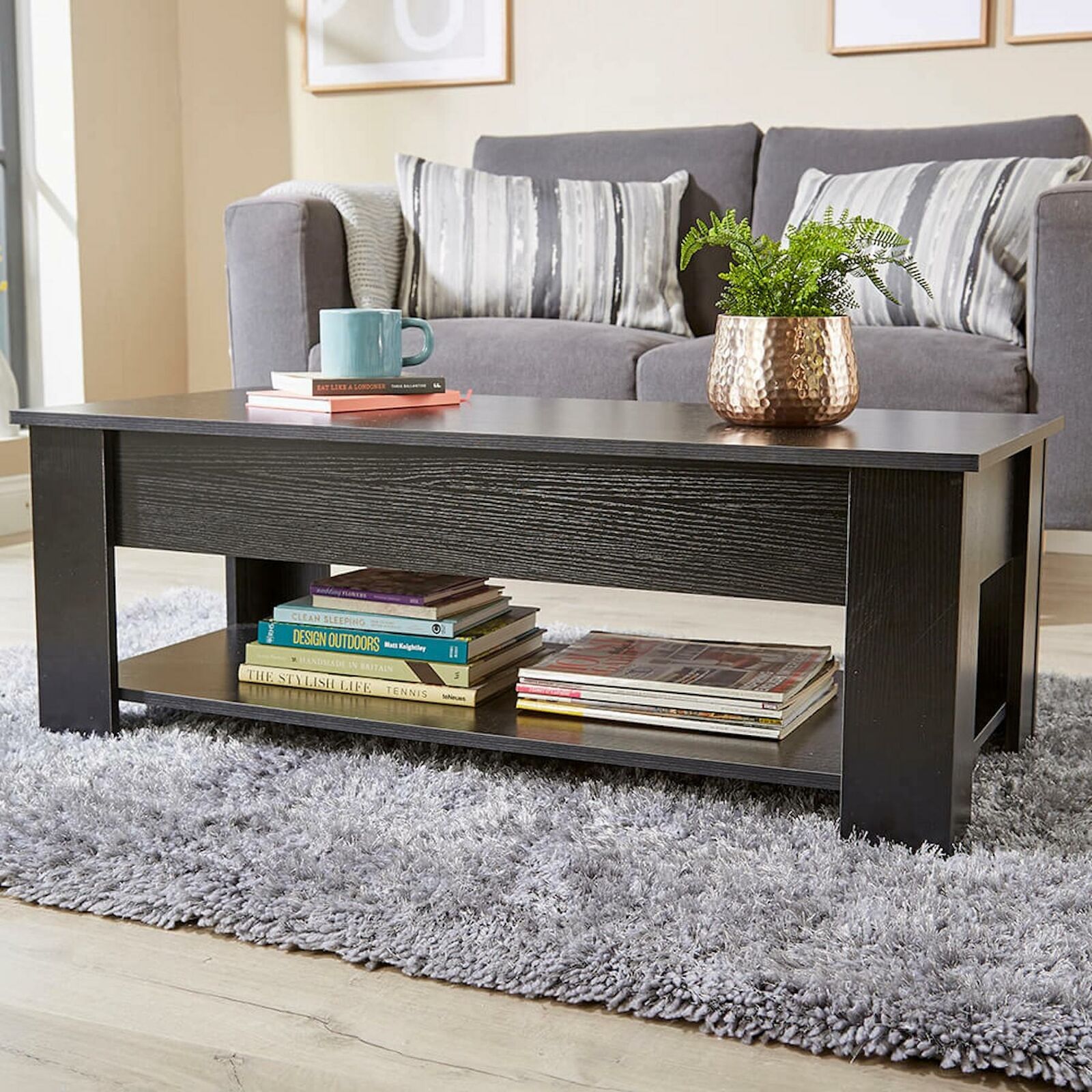 Dark grey coffee table deals with storage