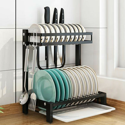 2 Tier Kitchen Steel Dish Cutlery Cup Drainer Rack Drip Tray Plates Bowls Holder