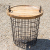 Industrial Vintage Metal Wire Basket Wooden Top Storage Lamp Table End Side Bed