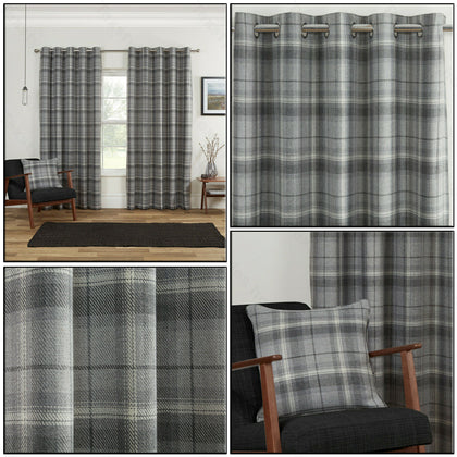 Grey Silver Highland Blackout Tartan Check Soft Eyelet Ring Top Curtains Pair