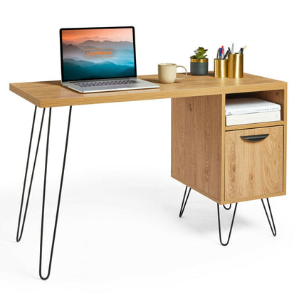 Oak Effect Desk w/ Cupboard, Shelf & Large Surface | Minimalist Scandi
