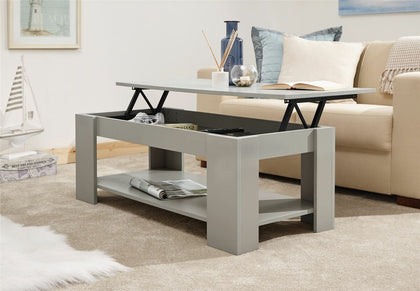 MODERN WOODEN LIFT-UP COFFEE TABLE TEA EASY STORAGE W/ UNDERSHELF GREY