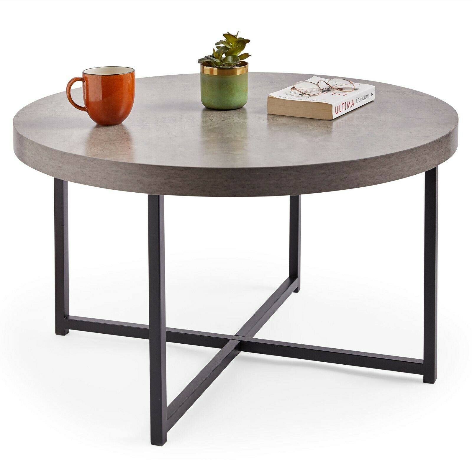 Concrete Effect Coffee Table Round Grey Modern Portable Industrial Sty ...