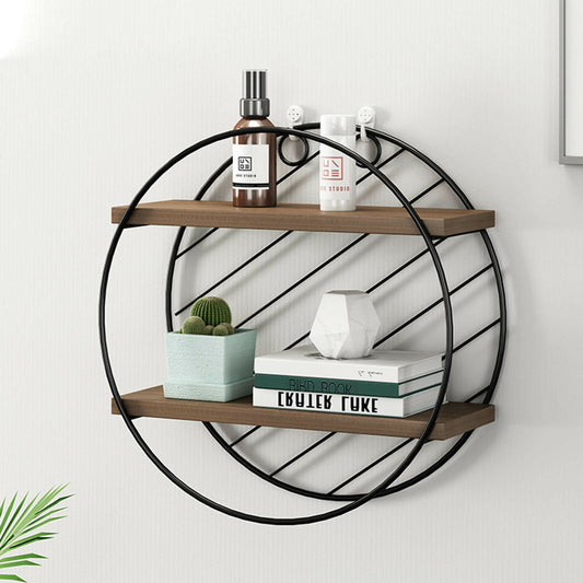 Retro Metal Wire Wood Round Wall Floating Shelving Storage Shelf Display Unit UK
