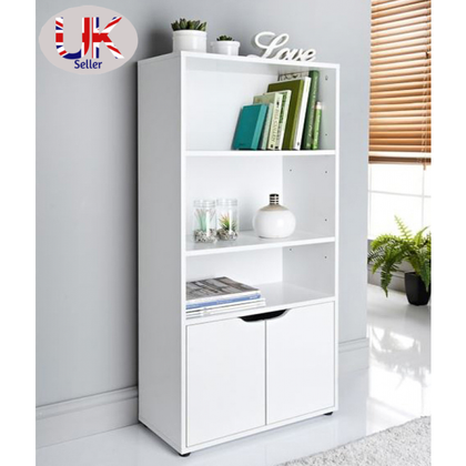Modern White bookcase Storage cabinet with 3 shelves & 2 doors MDF wood Cupboard