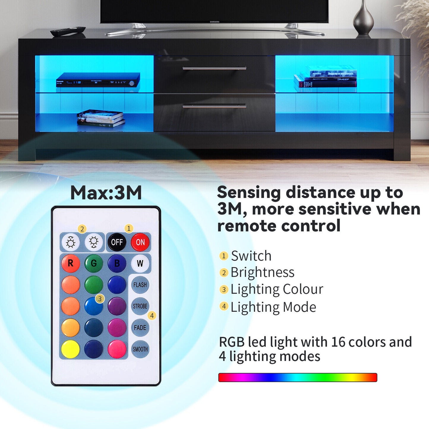 Black TV Stand Unit Cabinet Modern High Gloss Drawers 160cm with RGB LED Light