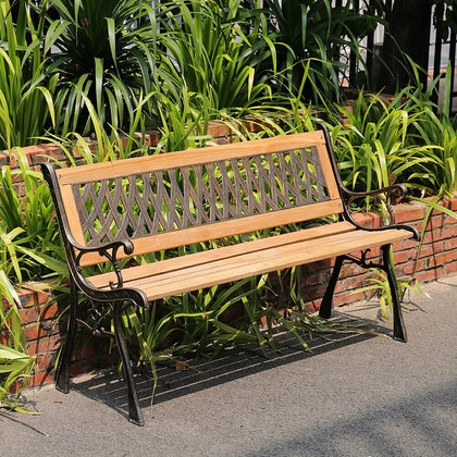 Wood & Cast Iron Garden Bench Lattice Backrest Vintage Patio Park Chair Loveseat