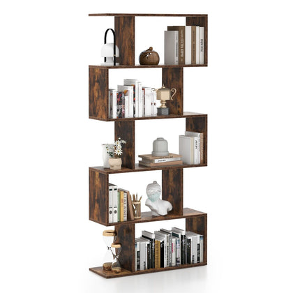 5-tier Bookcase Anti-Toppling S-Shaped Bookshelf Wooden Storage Display Rack