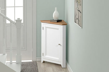 Small Oak Off White Painted Corner Storage Cupboard | Wooden Hallway Cabinet