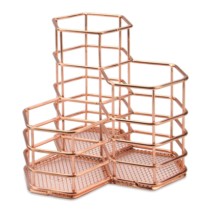 Rose Gold Hexagonal Desk Tidy Office & Makeup Organiser Triple Holder M&W