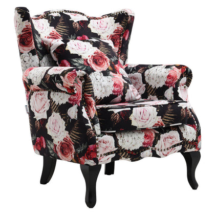 High Back Upholstered Fabric Floral Armchair Padded Sofa Accent Chair Studs Seat