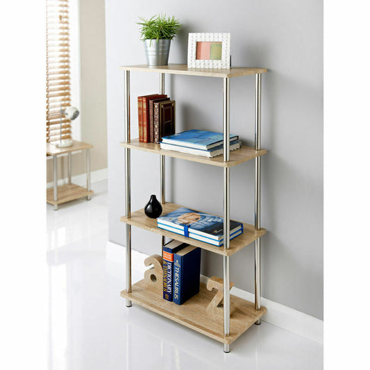 G-0122-Stylish Oak Effect 4 Tier Shelf Unit Oak Shelves, Stainless Steel Legs