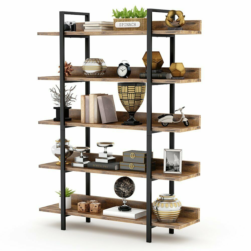 Living Room Industrial 5 Tier Bookshelf Office Etagere Bookcase with Back Fence