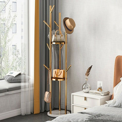 Metal Coat Rack Stand Golden Pole Hooks Hanger Stable Marble Base Tree Standing