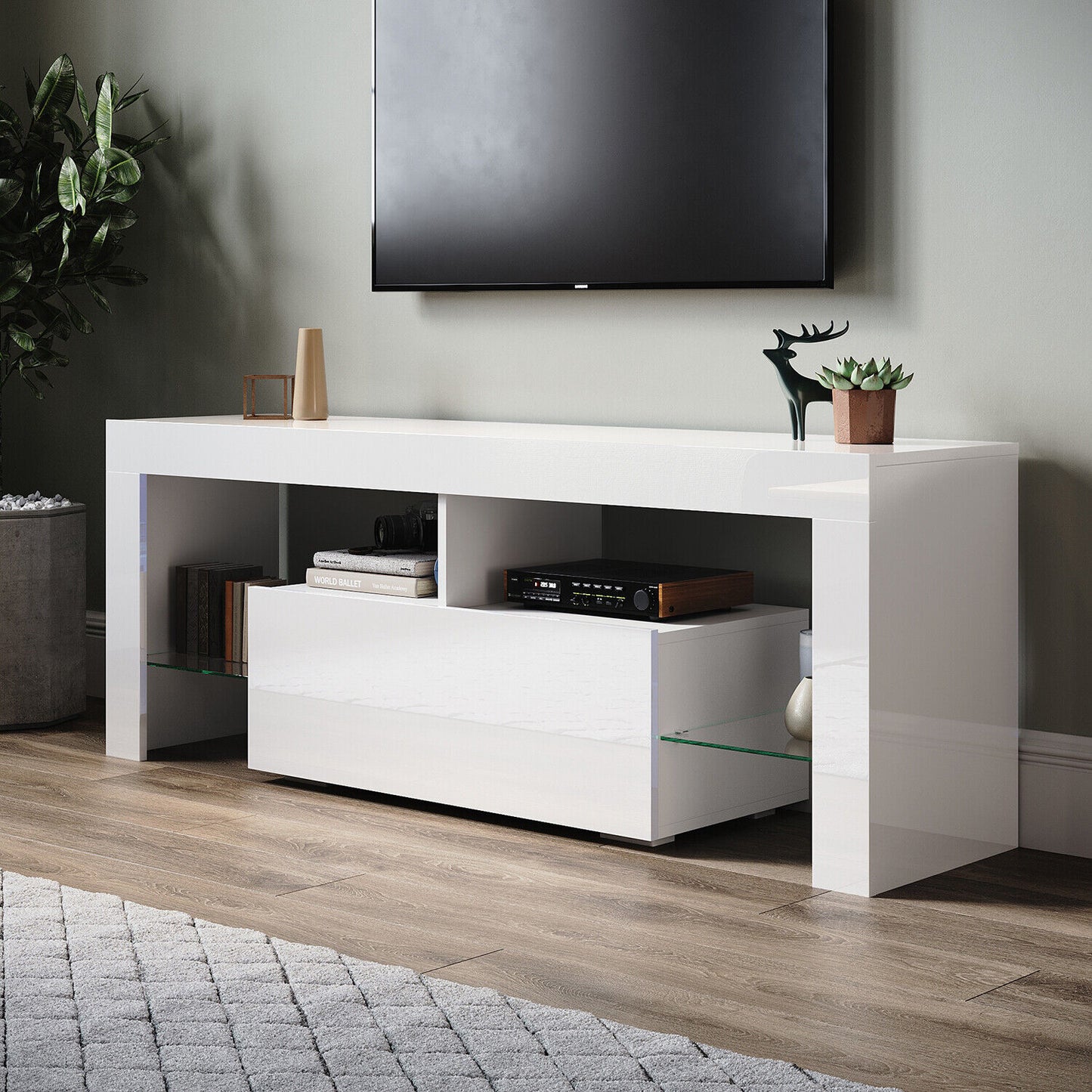 High Gloss White 140cm TV Stand Cabinet Unit Drawer Sideboard with LED Lights