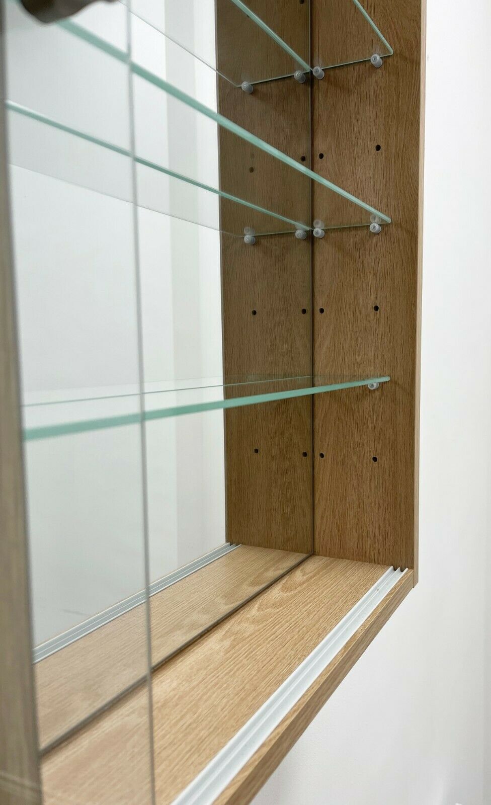 Glass Display Cabinet Wall Mounted Wide Large Toys Vapes Oak Effect Mirror Back