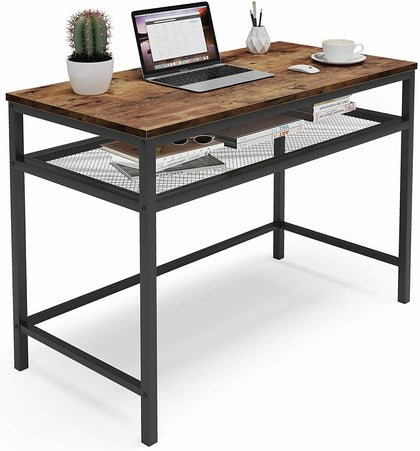 Computer Desk Home Workstation with Mesh Shelf Metal Frame Study Writing Table