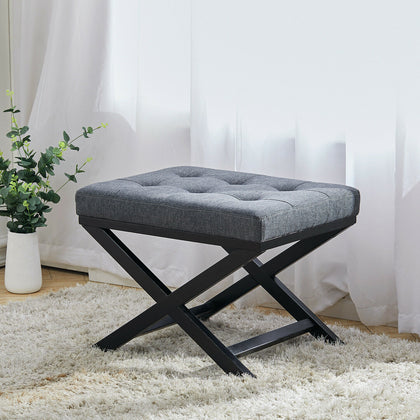 Linen Fabric Stool Footstool Dressing Dining Stool Padded Seat Cross Steel Leg