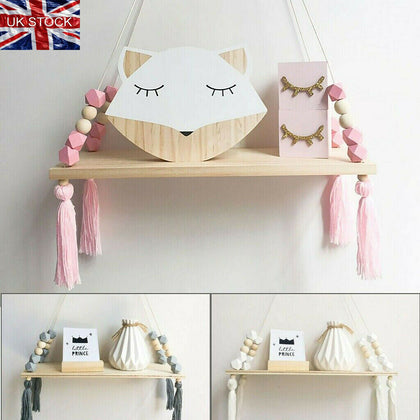 Wall Hanging Wooden Shelf Rope Swing Shelves Storage Baby Kids Bedroom Decor UK