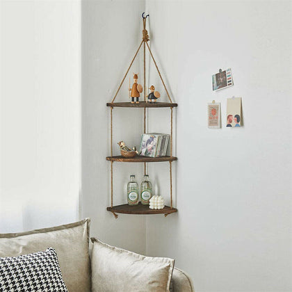 Handmade Rustic Corner Wall Shelf Hanging Decorative Storage Display Rack 3 Ladd
