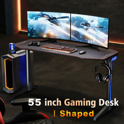 140CM Large LED Gaming Desk with Cup Holder Headphone Home Computer Black Table