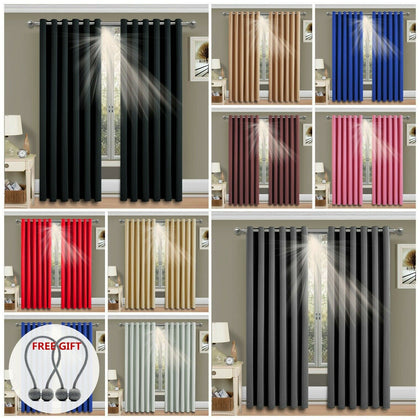 Thick Thermal Blackout Ready Made Eyelet Ring Top Pair Curtains Panel +Tie Backs