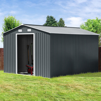 12x10ft Garden Shed Metal Apex Roof Outdoor Storage House with Free Foundation