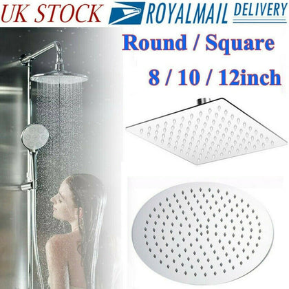 Square Round Wall Mounted Rain Shower Head Chrome • 200mm 300mm • 8