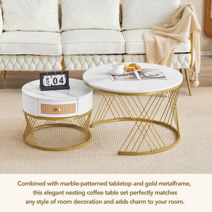 Round Nesting Coffee Table Set Modern Nesting Side End Table w/ Rattan Drawer HT