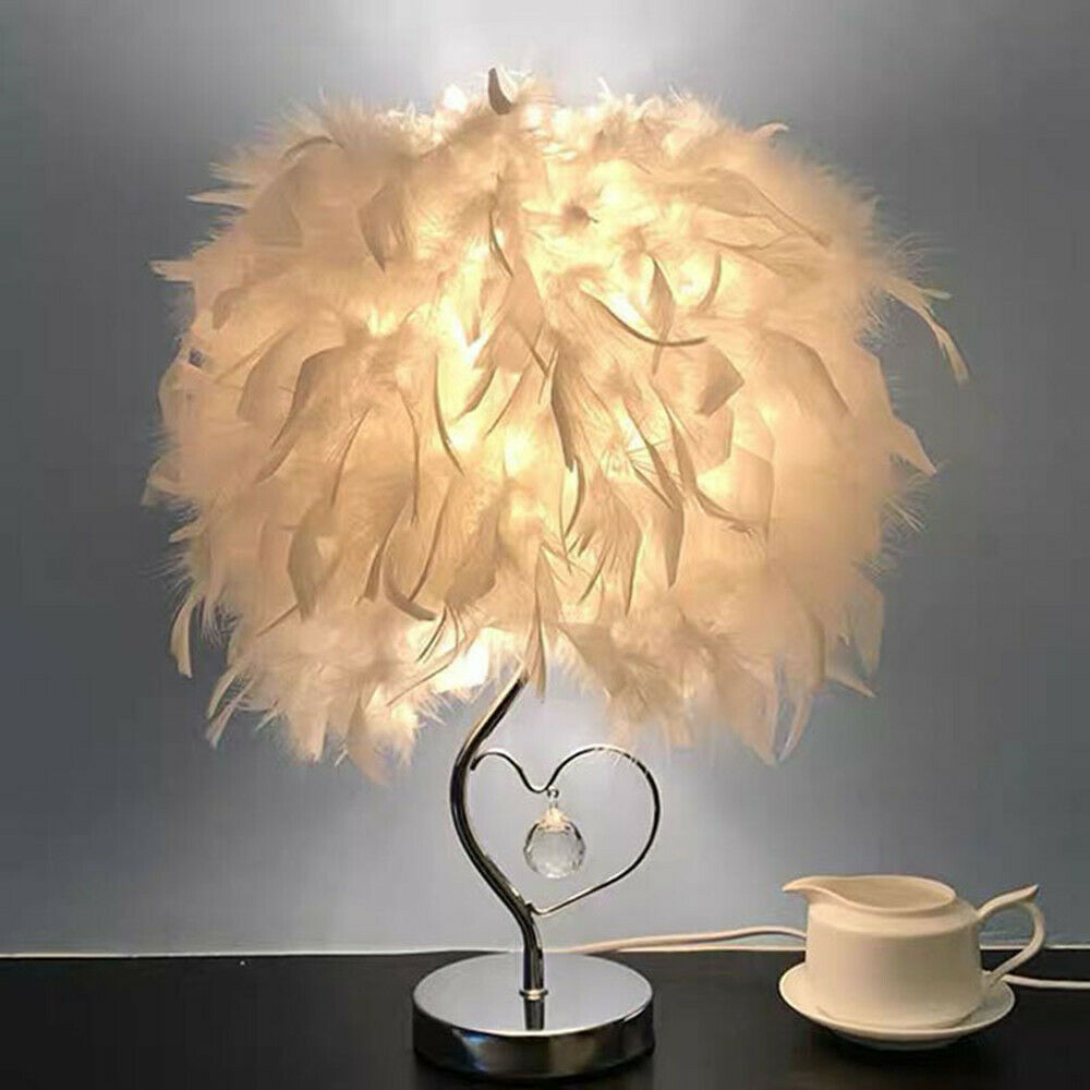 Table Lamp White Elegant Feather Heart Shade Desk Night Lights Bedside Lampshade