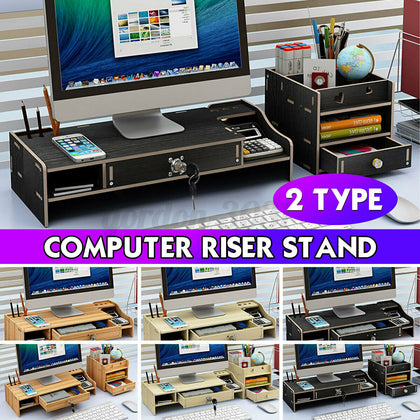 2 Tier Computer Monitor Stand Display PC/TV Screen Riser Desk Wooden Shelf Rack