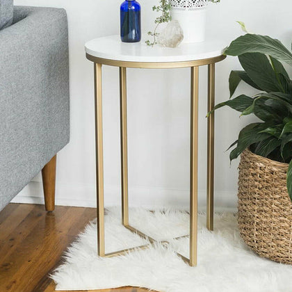 Round Coffee Table Sofa Side Small Nightstand End Table Metal Legs Marbling Desk