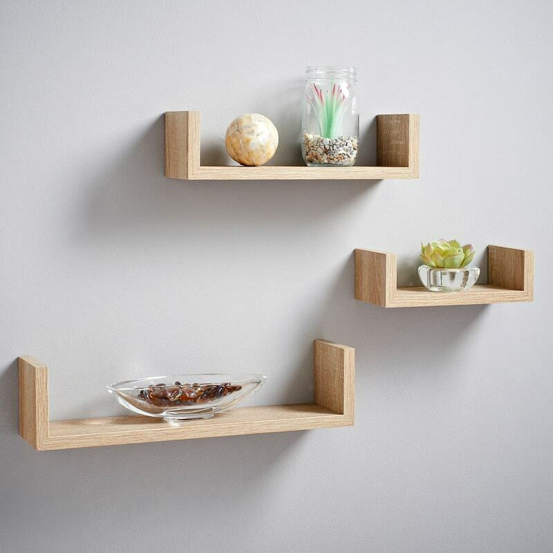 Set of 3 U Shape Floating Wall Shelf Storage Display White Black Oak Grey Blush