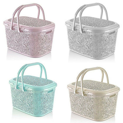 Large 28 Litre Plastic Basket Storage Box Hamper with Lid Carry Handle Container