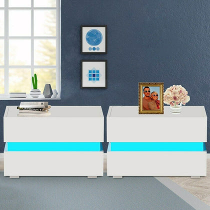 2x White High Gloss Chest of 2 Drawers Bedside Table Cabinets Nightstand RGB LED