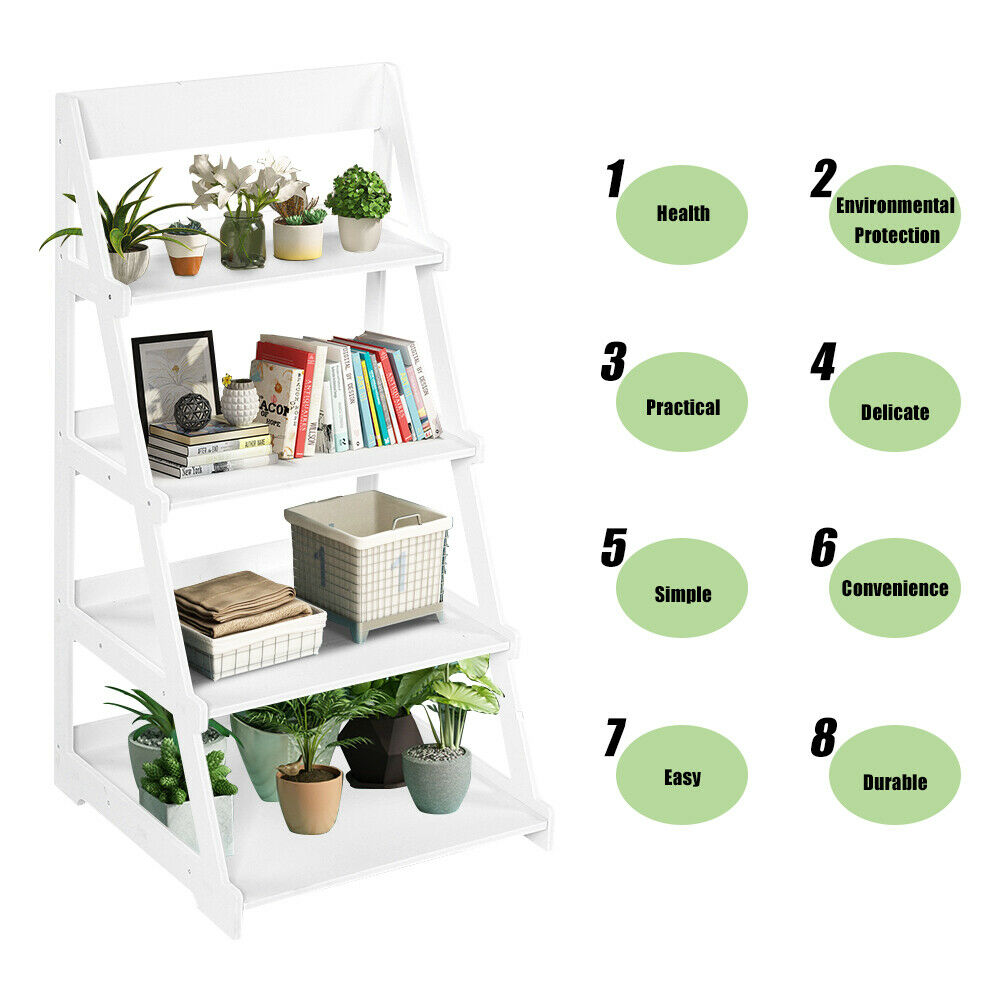 4 Tier Wooden Ladder Shelf Book Shelves Display Unit Free Standing UK Seller